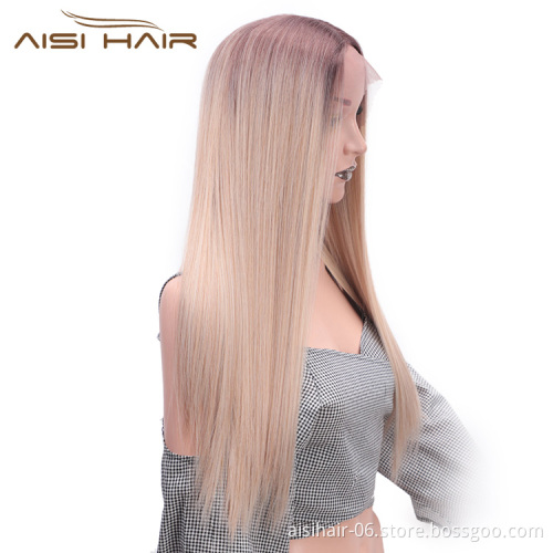 Aisi Hair Ombre Blonde Synthetic Lace Front Long Straight Wigs High Temperature Fiber Straight Lace Front Wigs